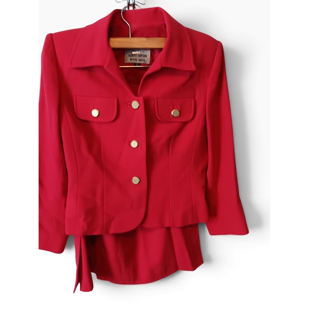 Albert Nipon Skirt Suit Womens 8P Red Excellent Wool Vintage 90s Power Suit